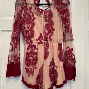 Pink & Maroon Lace Romper w/ Bell Sleeve